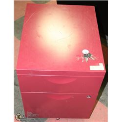 RED FILING CABINET WITH 2 KEYS ON WHEELS