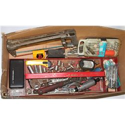 LARGE BOX OF TOOLS INCL. SOCKET SETS, AIR