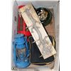 Image 1 : A BOX W/ FLASHLIGHT, OIL LAMPS, ETC