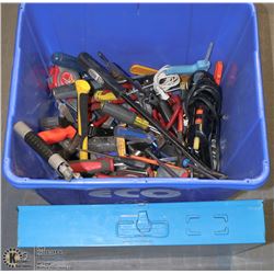 TOTE OF HAND TOOLS AND STORAGE TIN