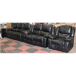 BLACK LEATHERETTE RECLINING SOFA, LOVE SEAT AND