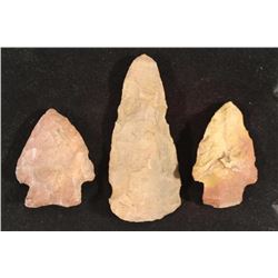1 3/4"-3" STONE ARROWHEADS 3 PIECES TOTAL