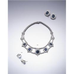 A FINE SAPPHIRE AND DIAMOND NECKLACE AND EARCLIPS OF FESTOON DESIGN COMPOSED OF A GRADUATED