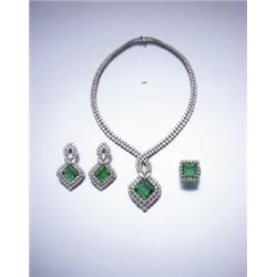 AN IMPRESSIVE EMERALD AND DIAMOND DEMI-PARURE COMPOSED OF A NECKLACE SET THROUGHOUT WITH BR