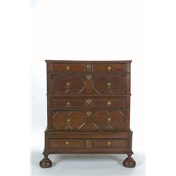 A LATE 17TH CENTURY OAK CHEST OF DRAWERS, in three sections, six molded panel, drawers to the f...