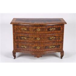 A LATE 18TH CENTURY, GERMAN FRUITWOOD, COMMODE, serpentine fronted and inlaid with mulberry w...