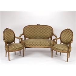 AN ANTIQUE CARVED, WALNUT FRAMED SALON SUITE, in the Louis XV manner, comprising:, -an open a...
