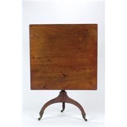 A GEORGE III MAHOGANY OCCASIONAL TABLE,, the square tilt-top on a, baluster-turned pedestal t...