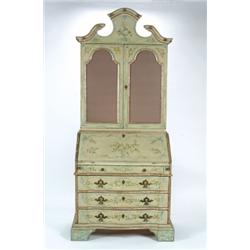 AN ANTIQUE ITALIAN BUREAU/BOOKCASE, in the 18th century manner, lacquered and silvered and with p...