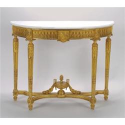 AN ANTIQUE CARVED AND GILTWOOD D-SHAPED, CONSOLE TABLE, in the late 18th century manner, the...