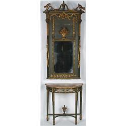 AN EARLY 19TH CENTURY ITALIAN CONSOLE TABLE AND MATCHING PIER GLASS, both lacquered and, gilded...