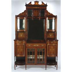 A LARGE EDWARDIAN, MARQUETRY INLAID, ROSEWOOD SIDE CABINET, the upper section having a centra...