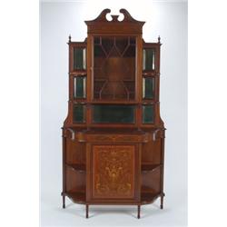 AN EDWARDIAN INLAID MAHOGANY DISPLAY, CABINET, the upper section, fitted a full length astrag...