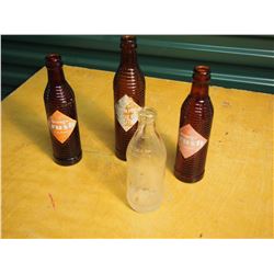 Brown Glass Crush Bottles (3) W/ Glass Coke Bottle (1)