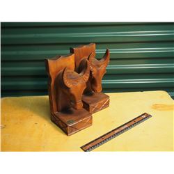 Wood Carved Bull Bookends
