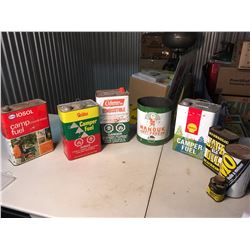 Lot Of Camping Related Tins (8) (Esso, Goldex, Coleman, Castrol, Shell, Blackhawk, John Deere, Co-op