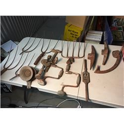 Lot Of Antique Farm-Related (Pitchfork Heads, Axe Heads, Hand Drills, Etc.)