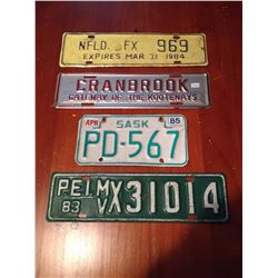 Various License Plates; NFLD 84, Cranbrook, Sask(small)85, PEI 83 (4)
