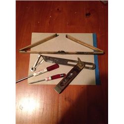 Misc Hand Tools, Square; Wooden Measuring Stick, Screwdrivers (5)