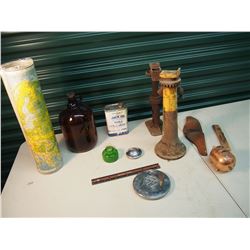 Lot of Misc. (Brown Glass Jug, Antique Metal Floor Jacks, Volkswagon Hub Cap, Etc.)