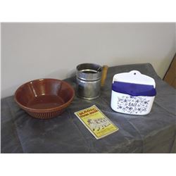Kitchen Items (Pottery Bowl, Sifter, Salt Bin & Old Cookbook)