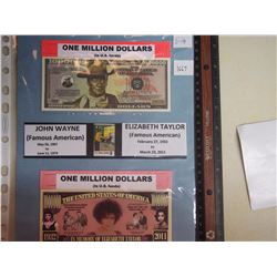 Famous Americans – John Wayne Elizabeth Taylor 1 mil dollar bills