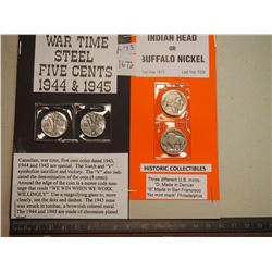 1944 + 1945 CDN 5 cents Wartime Steel AND US Indian Head/buffalo nickel