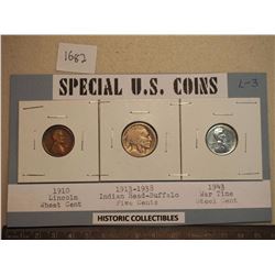 Special US coins – 1910 1 cent Lincoln wheat, 1913-1938 5 cents, 1943 one cent war time