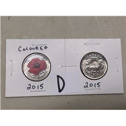 Pair Of Quarters, 2015 Poppy Colored And Uncolored