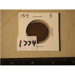 Large Canadian One Cent Piece, 1919