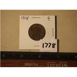 Large Canadian One Cent Piece, 1918