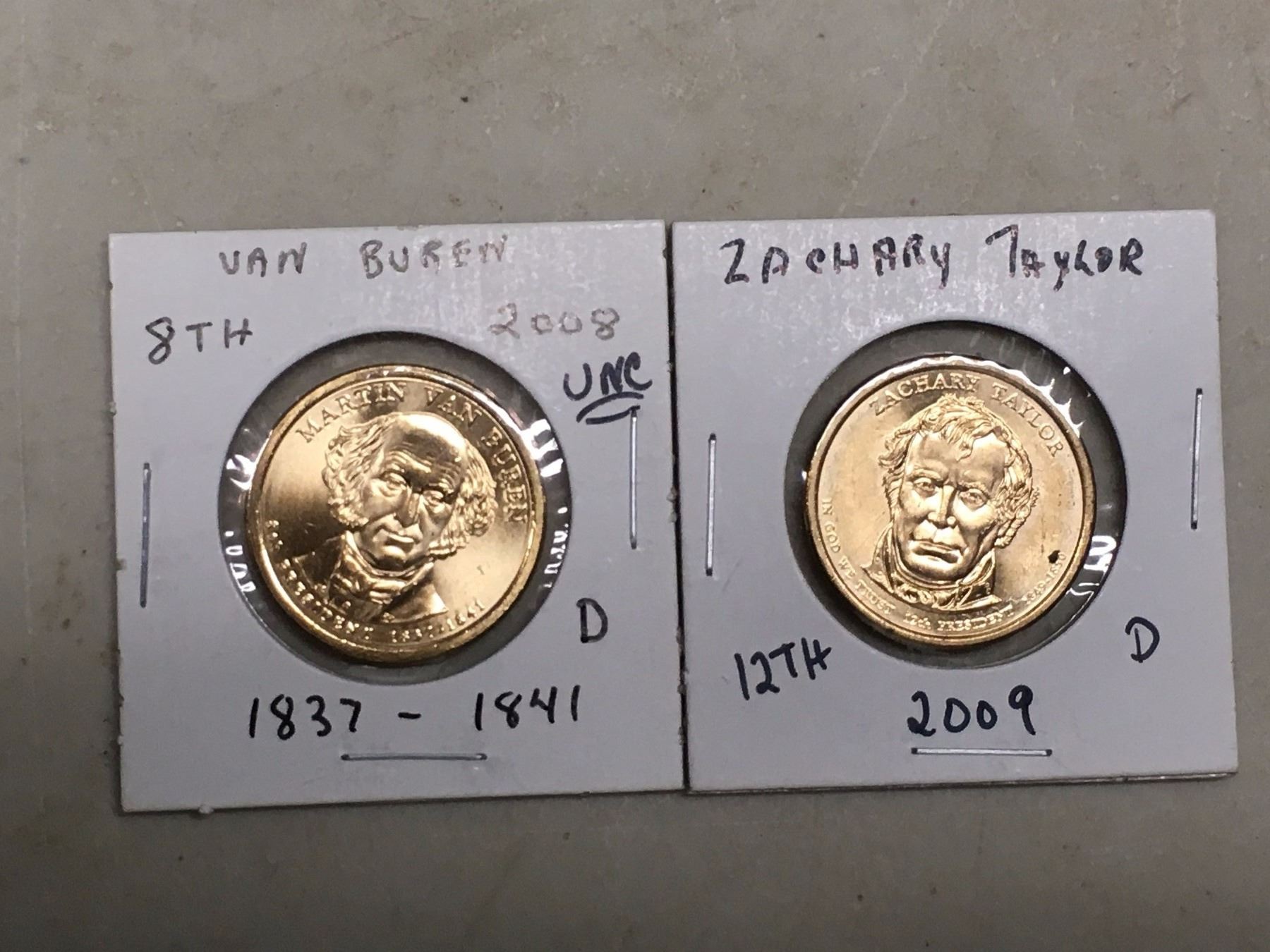 2008 + 2009 American 1 Dollar Coins Zachary Taylor Van Buren UNC