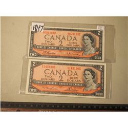 Vintage 2$ Canadian Bills (2) (1954 G/U 6991032 & O/G 1431905)