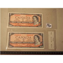 Vintage 2$ Canadian Bills (2) (1954 M/G 5529633 & A/G 5620206)
