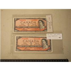Vintage 2$ Canadian Bills (2) (1954 J/G 4889272 & K/G 7141365 BC38C)