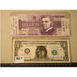 Pair Of Bills, One Million Dollar Bill (Not Legal Tender) & Indy 1$ American Bill, L57474751C (Pictu