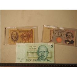 Foreign Paper Money (3) (1940 5 Lire Italy, 1969 1000 Lire Italy, 1980 Bank Of Isreal 5 Shequam)