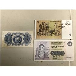 Foreign Paper Money (3) (1987 5 Pounds Britain, 1$ Australia, 1 Bolivia)