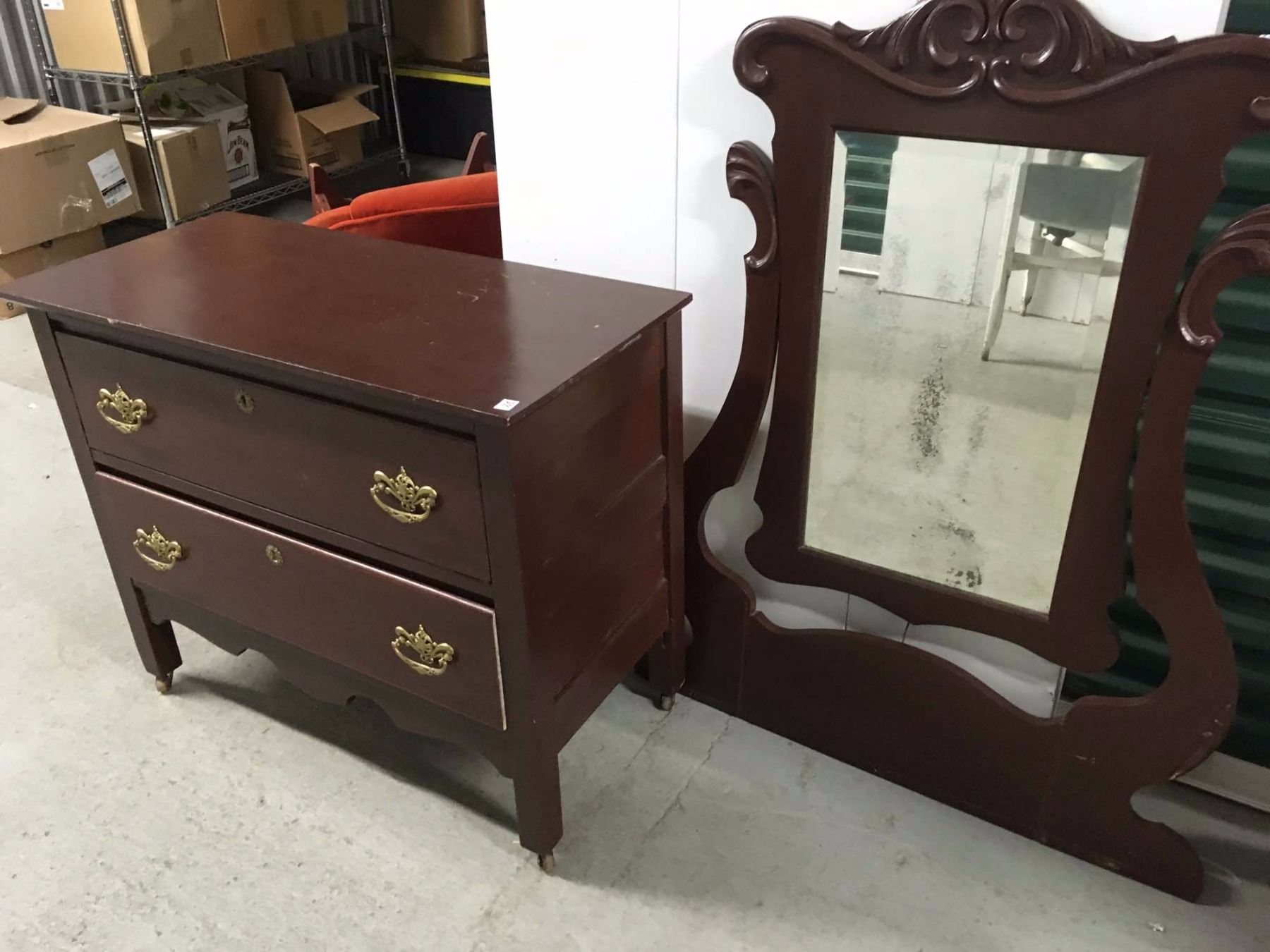 Antique Dresser Brass Hardware Beveled Mirror 34 X28 X17