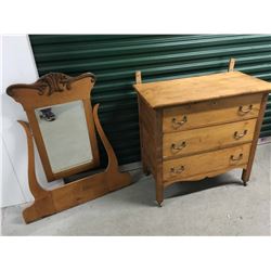 Antique Three Drawer Dresser, W/ Beveled Mirror,