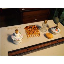 Perfume Bottles (3), Atomizer, & Hair Comb