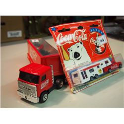 Lot of 2 Coca-Cola: 1980 Buddy L Semi-Trailer & 1996 Majorette Truck & Camper Trailer, Die-cast meta