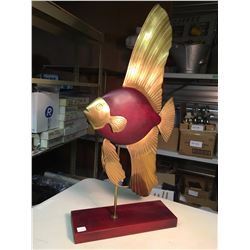 Midcentury Modern 30 Inch Teak Heavy Brass Angle Fish, 28” Tall