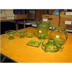 Misc Depression Glass Pieces (6)(Pitcher, Cups, Jar, Juicer, Etc;)