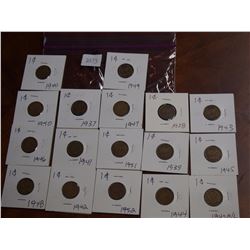 Complete Set George VI Pennies (17) (1937-1952)