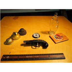 Lot of Misc (Vintage Pistol Lighter, Calgary Alta Leather Wallet, Glass Hand Bottle with Cap, Compas