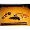 Image 1 : Lot of Misc (Vintage Pistol Lighter, Calgary Alta Leather Wallet, Glass Hand Bottle with Cap, Compas