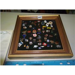 Framed Display Of Assorted Pins W/ Handkerchiefs