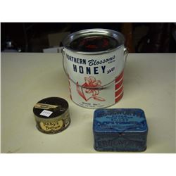 Northern Blossom Honey Pail, Edgeworth Pip Tobacco Tin, Baby Bottom's Tin