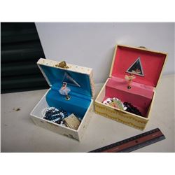 Vintage Windup Childrens Jewelry Boxes, (2) W/ Contents, Beads, Earrings